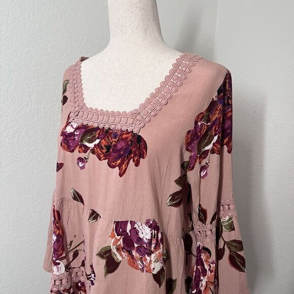 Oddi Womens Tunic Size Small Floral Boho NWT Pink Square Neck Bell Sleeve - Picture 2 of 10